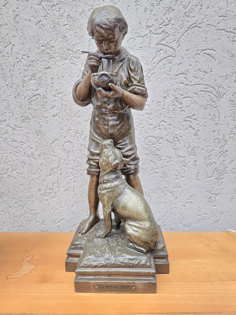 Slagersjongen met hond, Ophalen, Art nouveau, 20 - 50 cm, Beeld