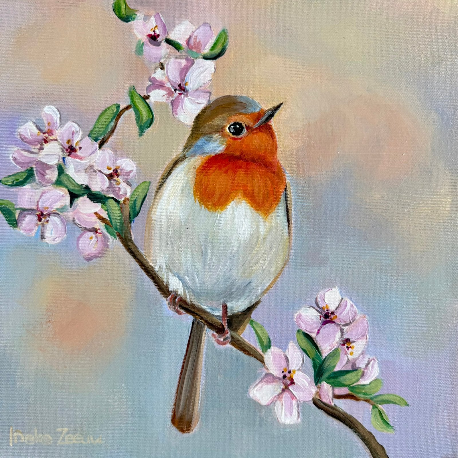 Schilderij roodborstje, Ophalen of Verzenden, Handgeschilderd, Dieren