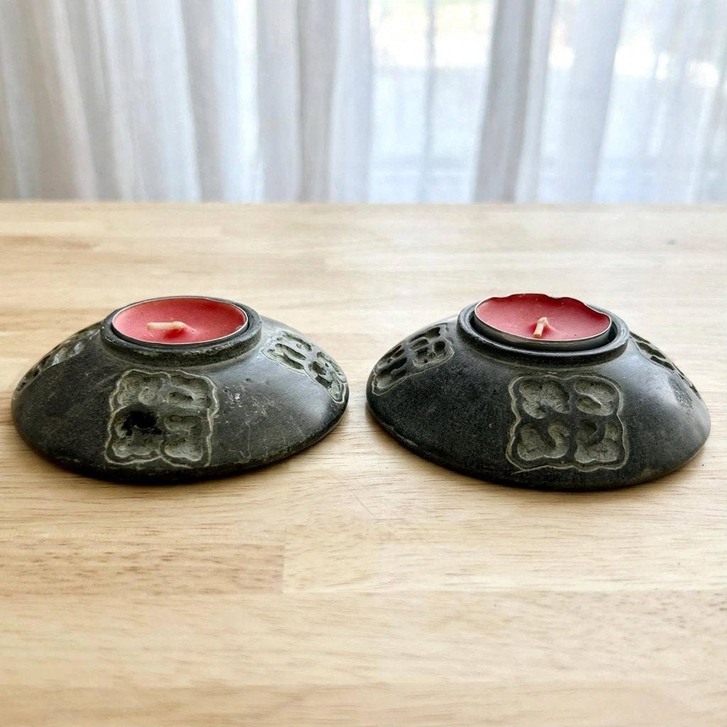 Set van 2 Vintage Speksteen Waxinelichthouders -Natuursteen, Waxinelichthouder, Ophalen of Verzenden, Zo goed als nieuw, 5 cm