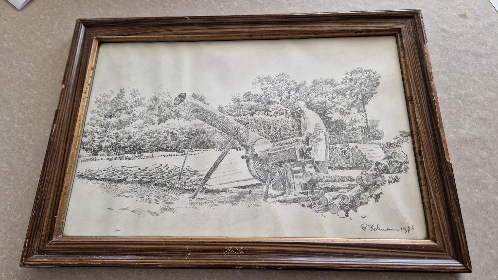 oude tekening ets print houtwerf de rips, Ophalen of Verzenden