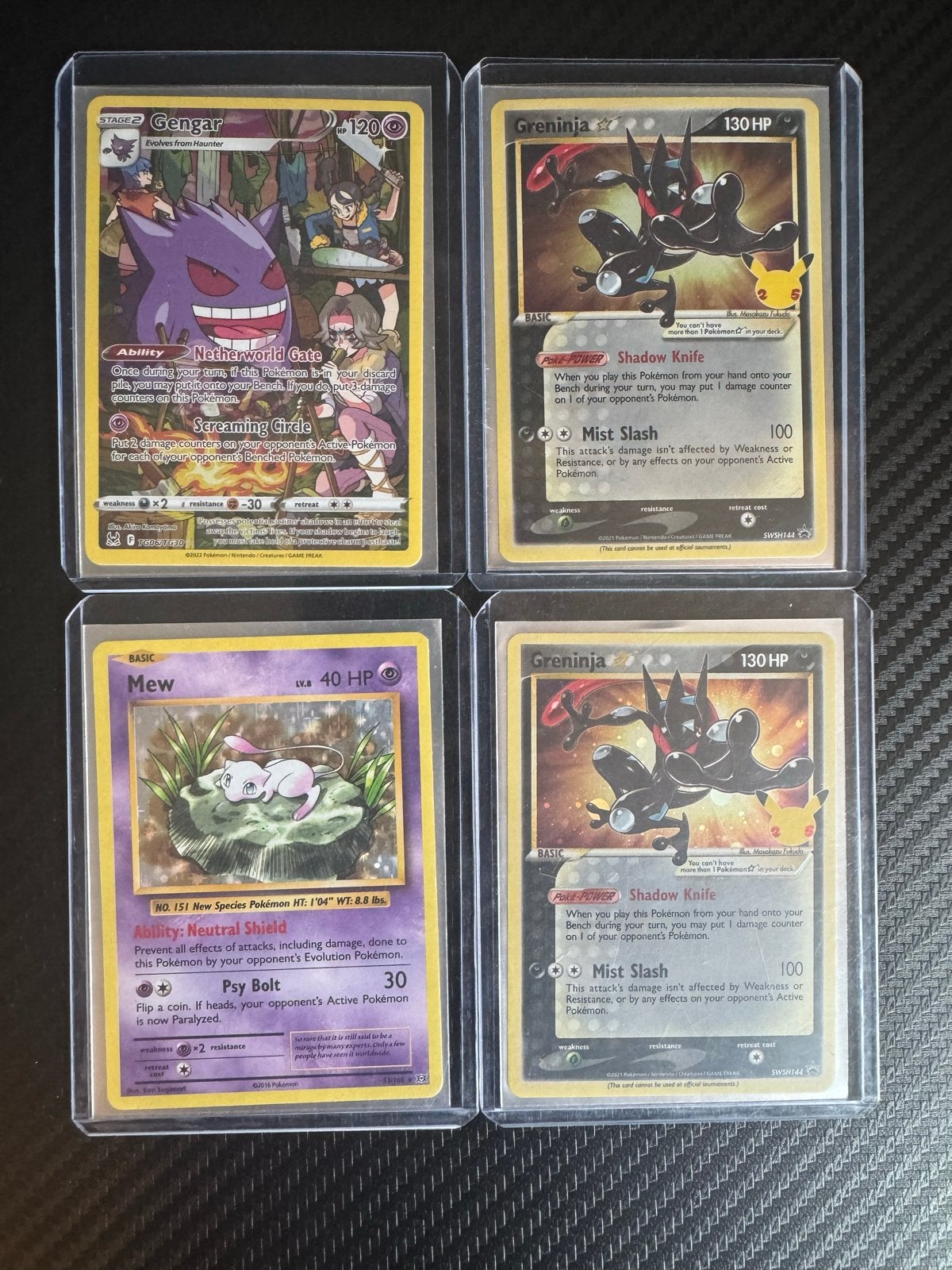 Pokémon kaarten: Gengar, Mew, Greninja (2x), Ophalen, Zo goed als nieuw, Meerdere kaarten