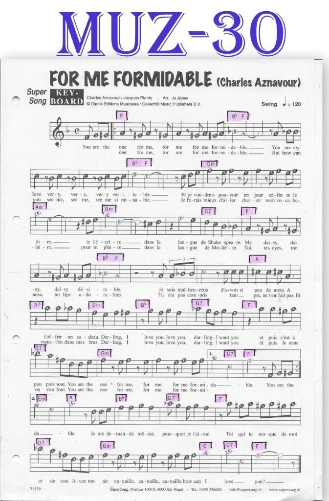 Muz 30Bladmuziek Super song For Me Formidable, Orgel, Gebruikt, Ophalen of Verzenden, Artiest of Componist