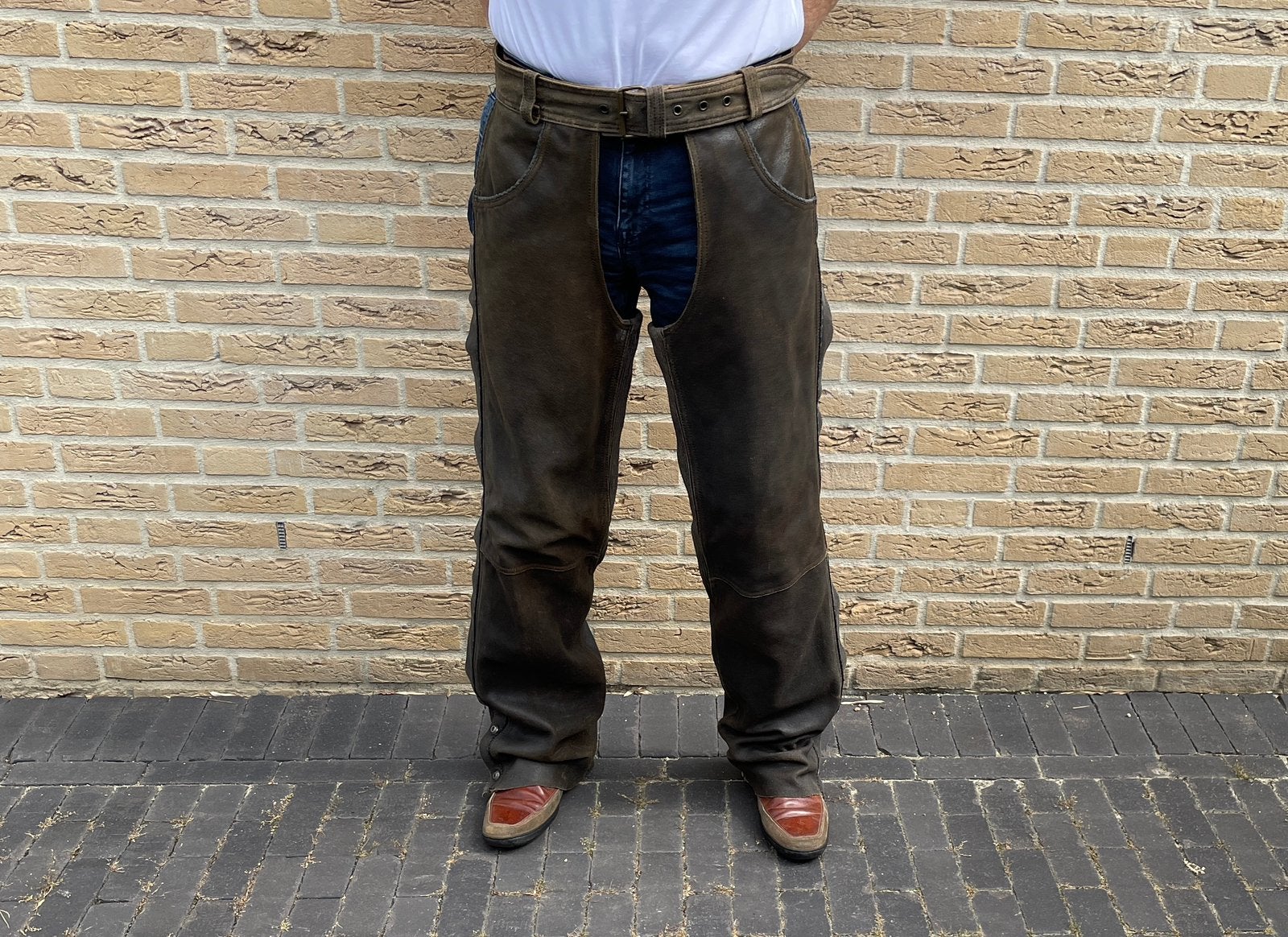 Zware lederen Harley  Chaps - Bruin maat L-XL, Ophalen of Verzenden, Tweedehands, Heren, Broek | leer