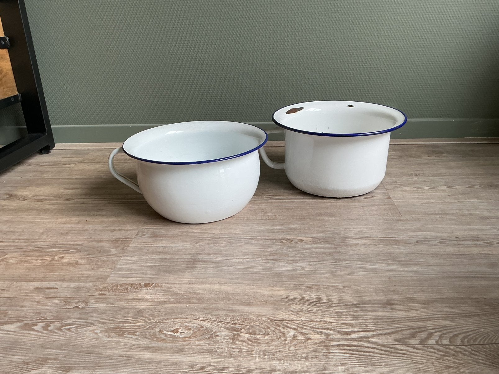 Emaille po’s met een blauw randje, vintage, Ophalen of Verzenden