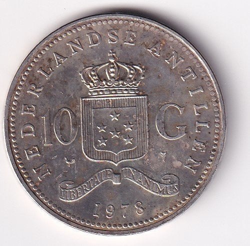 Nederlandse Antillen 10 Gulden 1978 Zeer Fraai met Patina, Koningin Juliana, Verzenden, Zilver, Losse munt