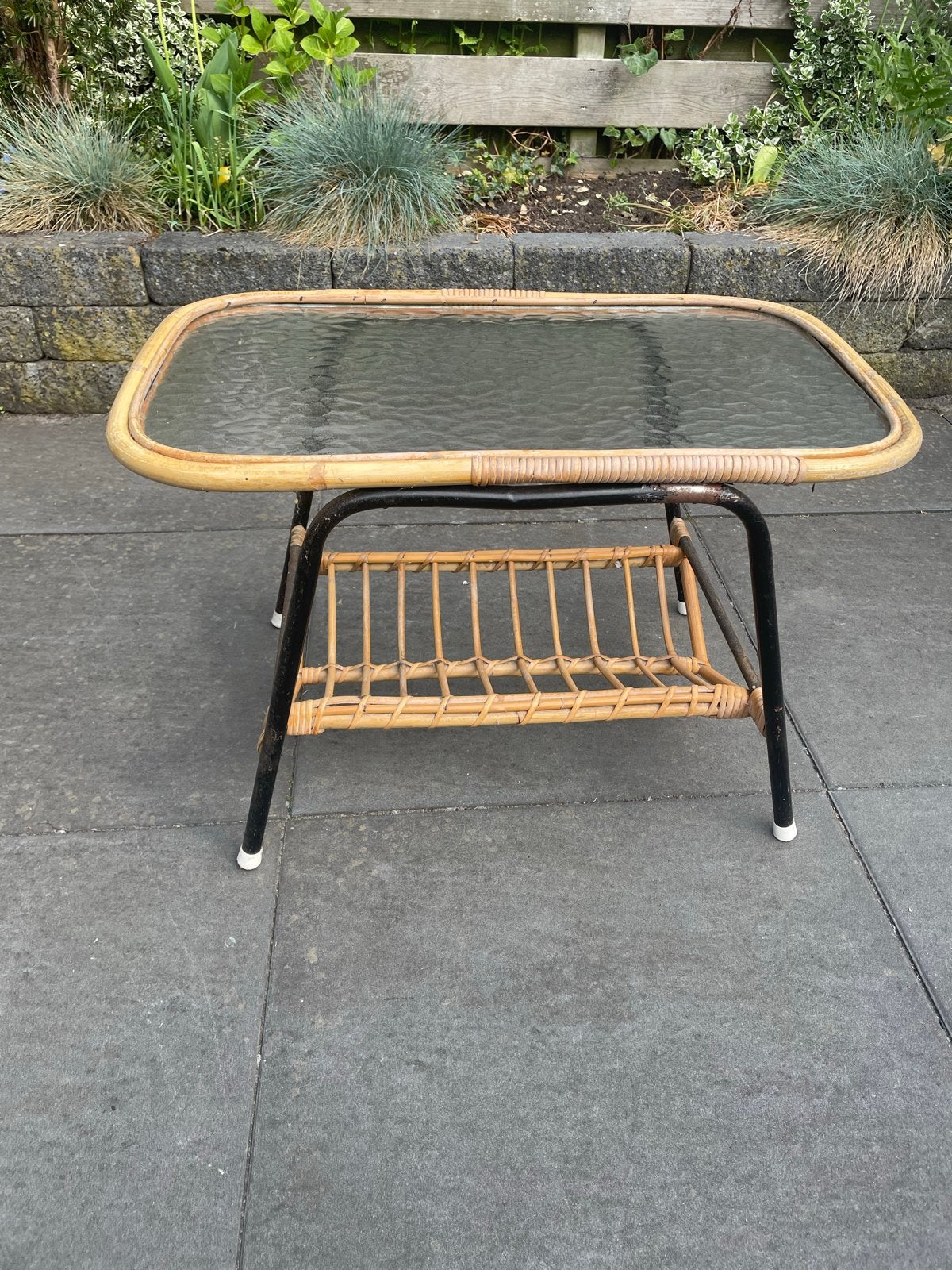 Vintage bamboe salontafel met glazen blad, Ophalen, Gebruikt, 50 tot 100 cm, Minder dan 50 cm