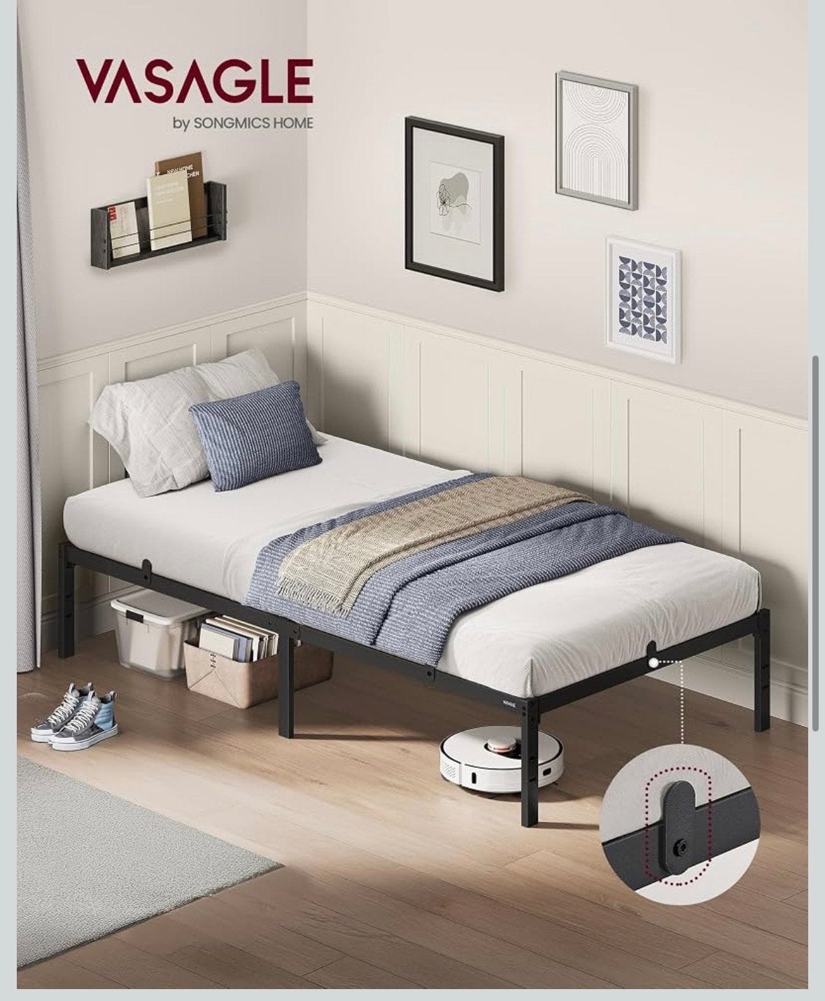 VASAGLE Eenpersoonsbed Frame 90x200 cm - Zwart Metaal, 90 cm, Eenpersoons, Zwart, Ophalen of Verzenden
