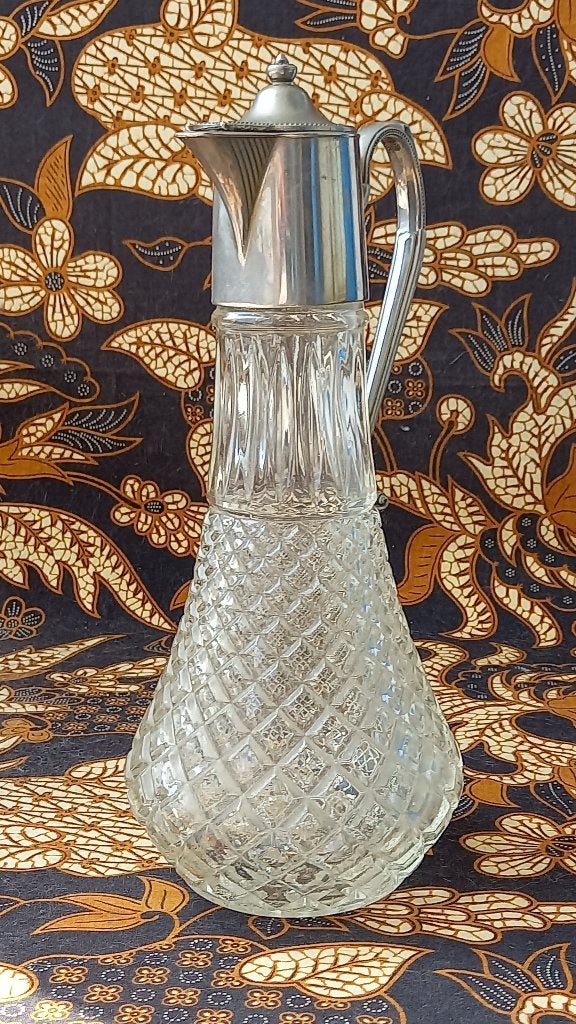 Mooie oude Engelse schenkkan van glas en silverplate 29,4 cm, Ophalen of Verzenden