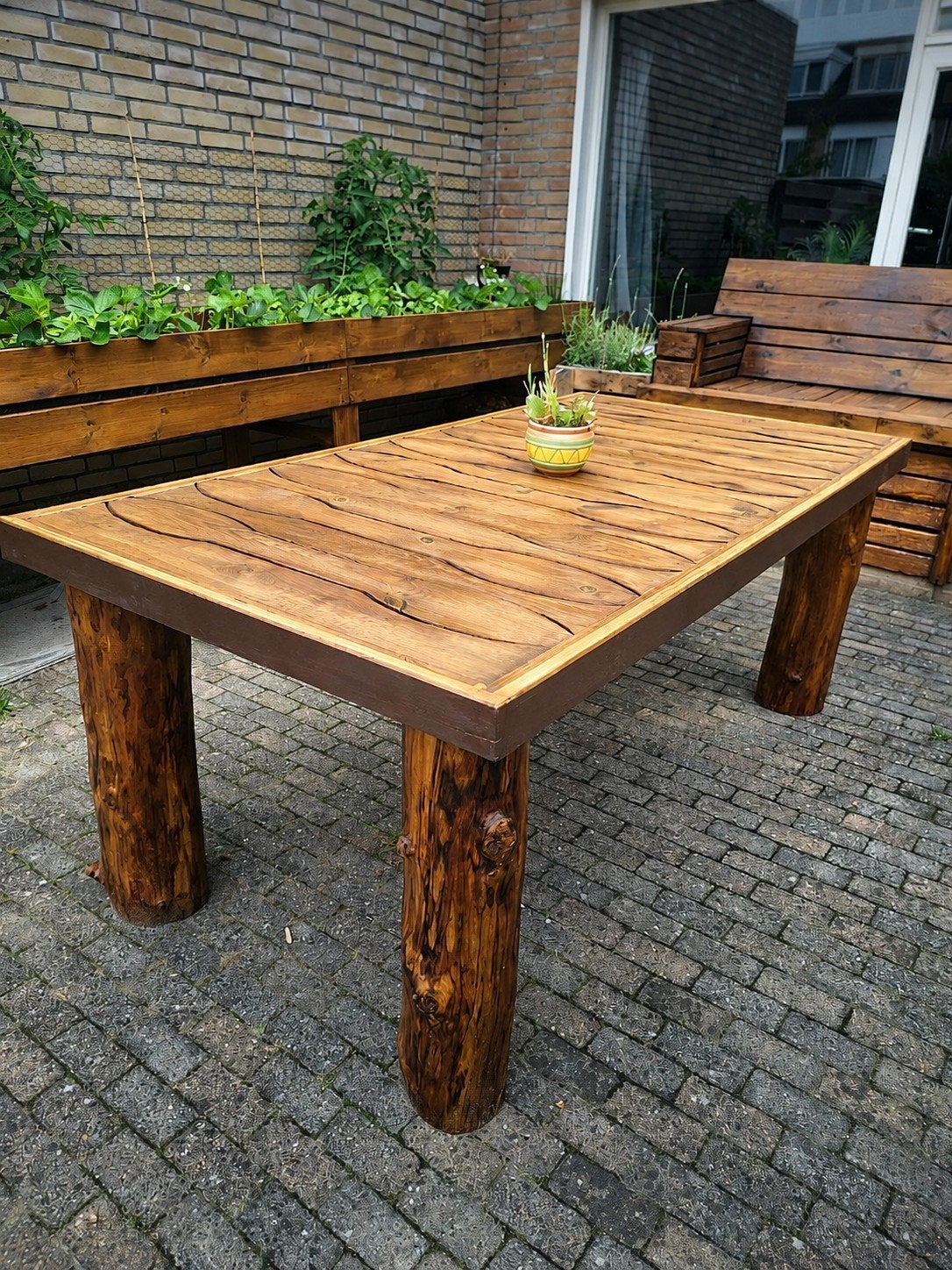 Robuuste houten binnen/buiten tafel, Tuin en Terras, Tuintafels, Ophalen of Verzenden, Gebruikt, Rechthoekig, Hout