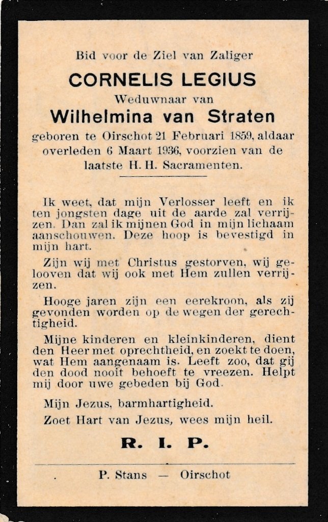 Legius Cornelis 1859 Oirschot 1936, Ophalen of Verzenden, Bidprentje