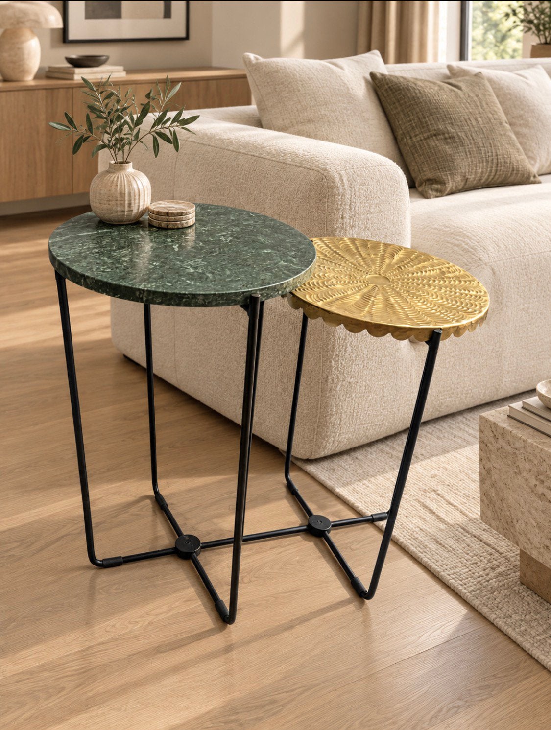 COCO MAISON GROEN NATUURSTEEN / GOUDEN PLATEAU TAFEL, Overige materialen, Minder dan 55 cm, Gebruikt, Modern strak