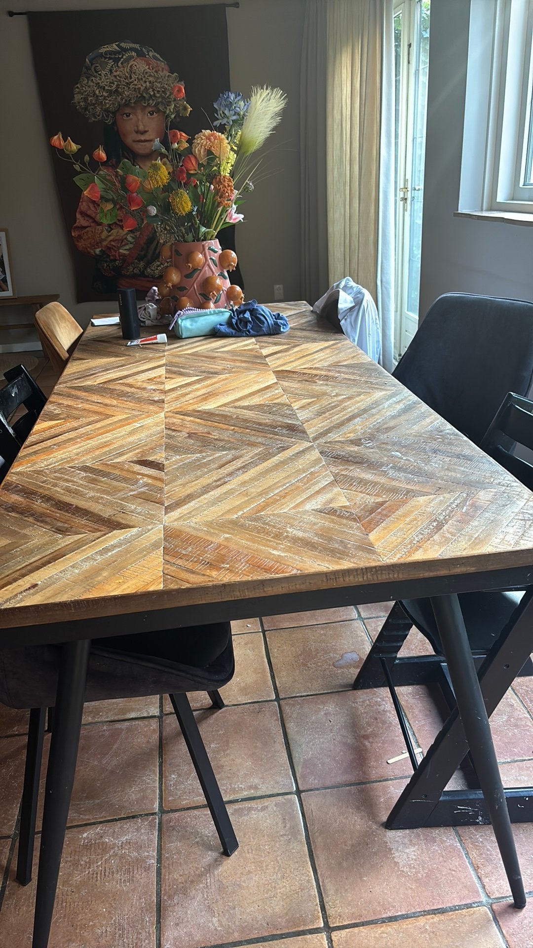 Visgraad tafel 90x220 met stalen onderstel, Huis en Inrichting, Tafels | Eettafels, 200 cm of meer, Zo goed als nieuw, Rechthoekig
