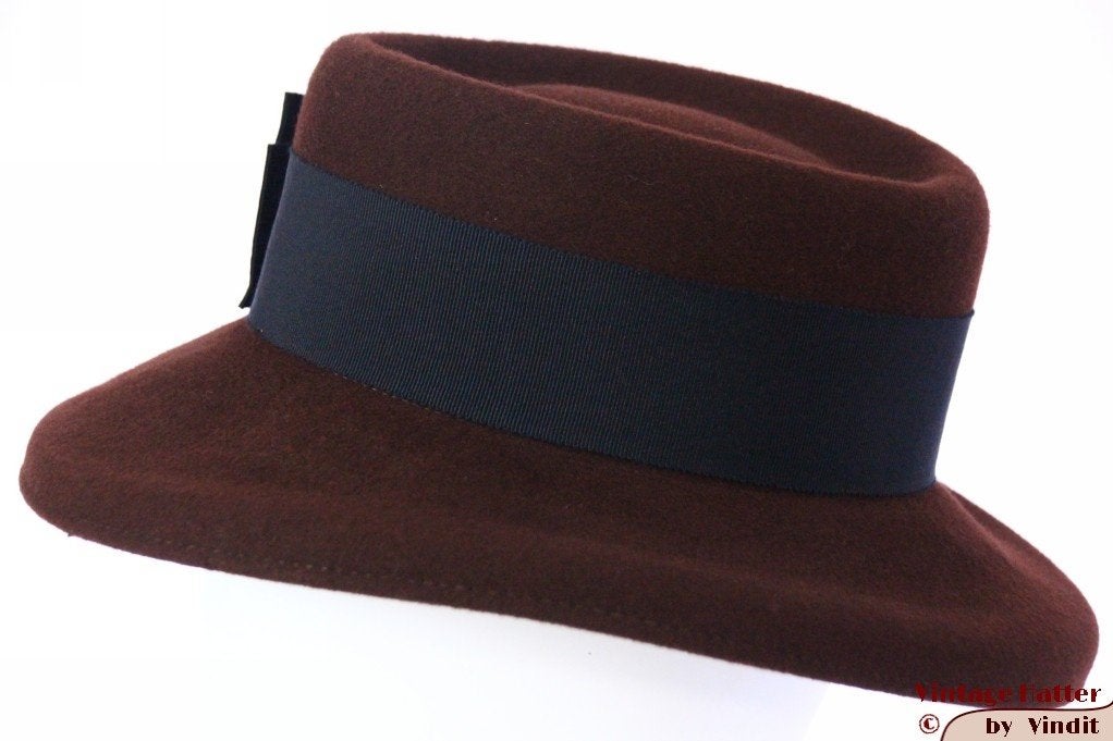 Vintage Wijde dameshoed Sixth Sense bruin vilt 57, 56 of 57 cm (M, 7 of 7⅛ inch), Hoed, Sixth Sense, Ophalen of Verzenden