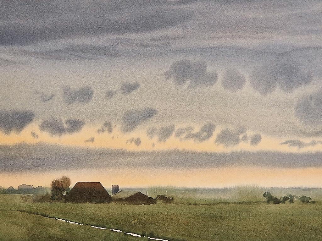 thomas de Klerk (1944-) grote aquarel "einde zomerdag", Ophalen of Verzenden