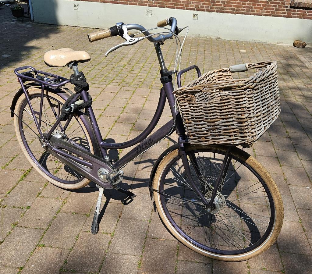 Paarse Batavus Diva dames fiets met rekje en mand voorop, Fietsen en Brommers, Fietsen | Dames | Damesfietsen, Ophalen, Gebruikt
