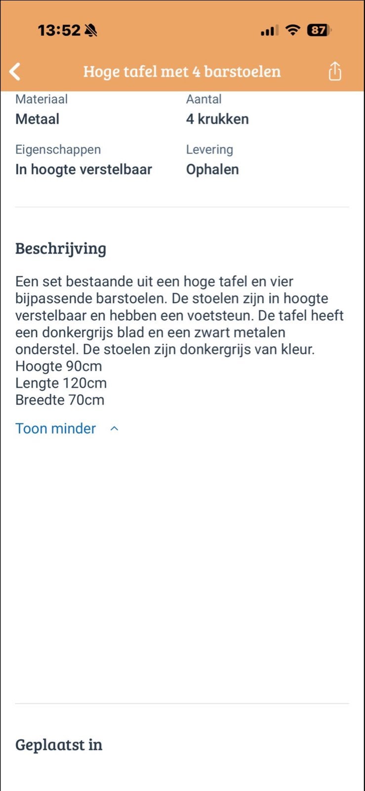 Hoge tafel met 4 in hoogte verstelbare barstoelen, Huis en Inrichting, Barkrukken, Ophalen, Gebruikt, In hoogte verstelbaar, 90 cm of meer