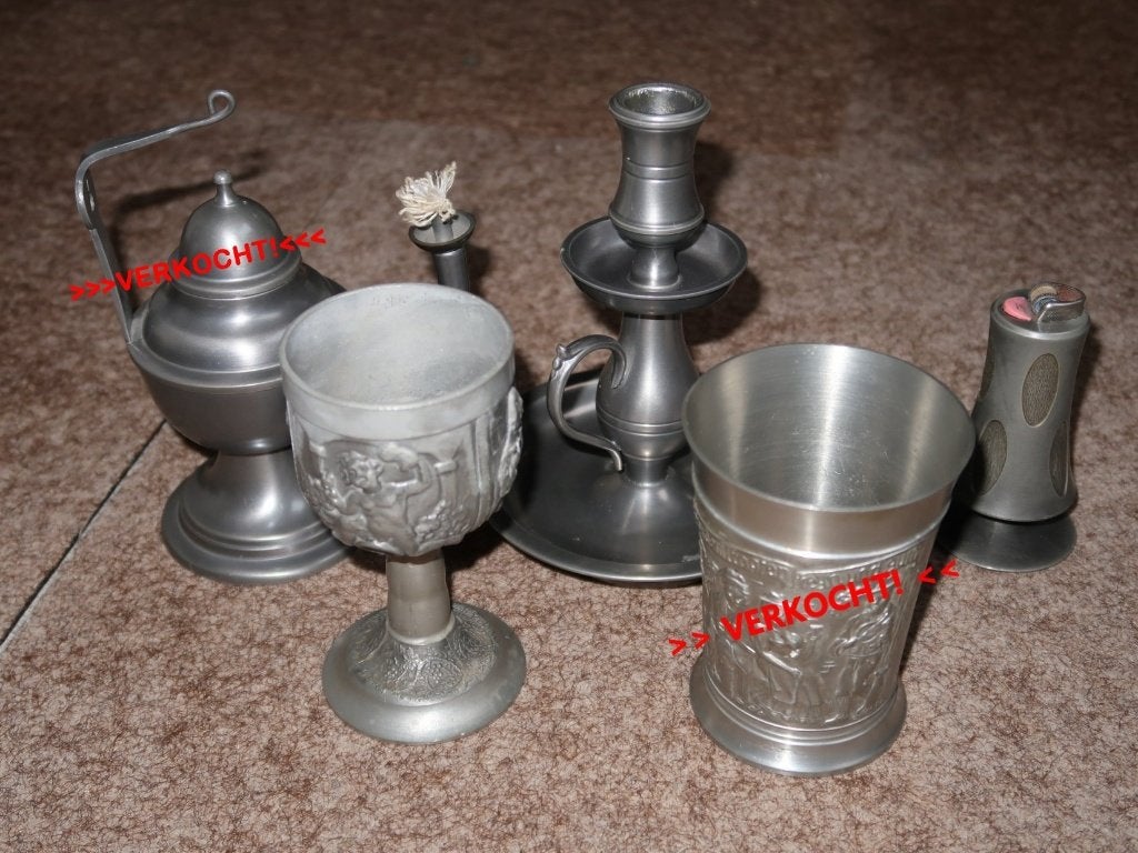 drie vintage tinnen items, 3 oude gebruiksvoorwerpen van tin, Verzenden, Gebruikt