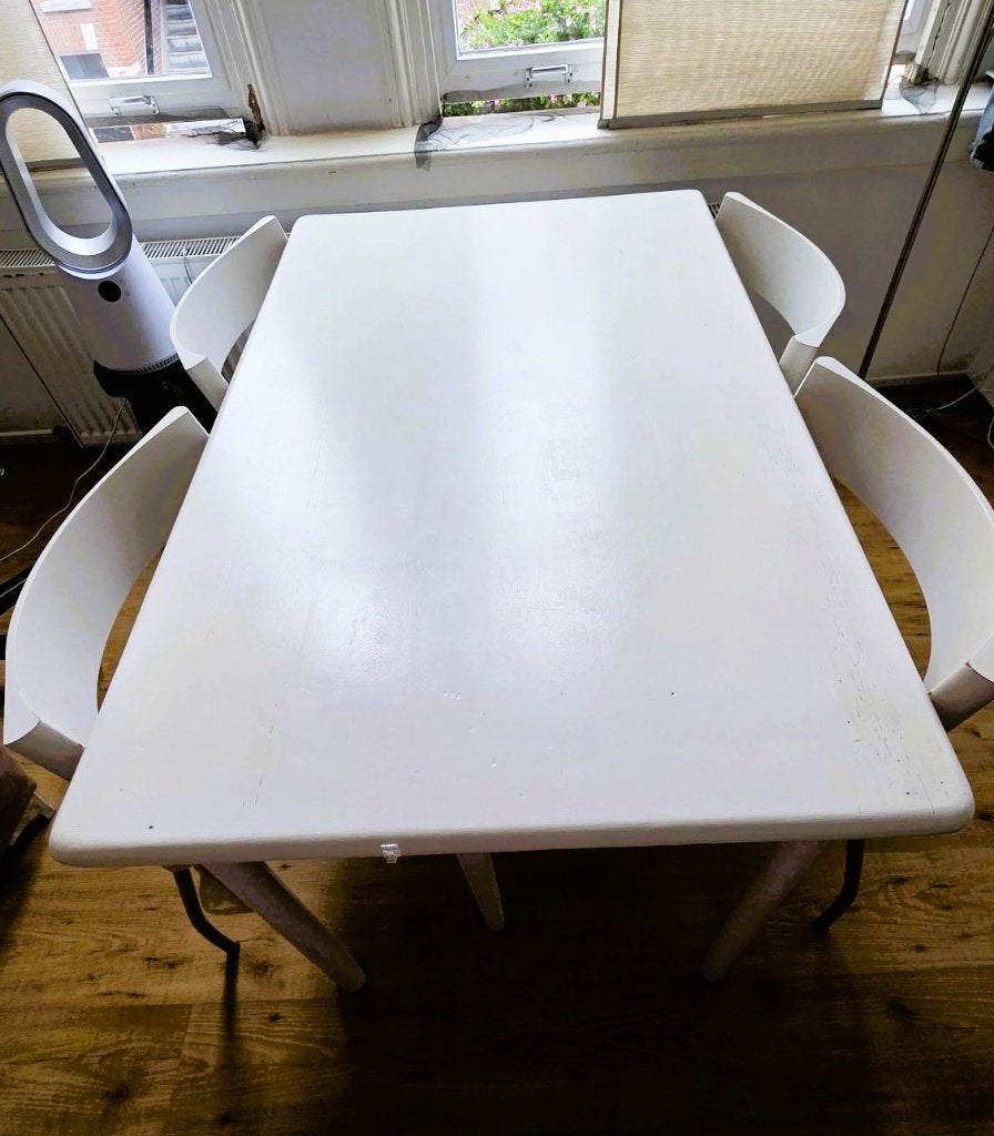 Eettafelset – rechthoekige tafel + 4 stoelen, Ophalen, Gebruikt, 100 tot 150 cm, 50 tot 100 cm
