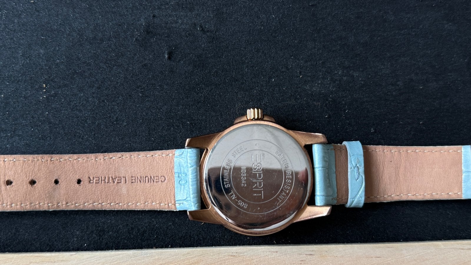 Esprit Dameshorloge met strass en lichtblauw leren bandje, Staal, Ophalen of Verzenden, Met strass, Leer