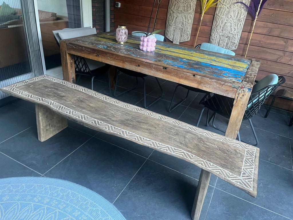 Bali suar hout bank houtsnijwerk Indonesie Boho Ibiza 2 m, Nieuw, Ophalen of Verzenden, https://verburgtvintage.nl/#contact, Schipluidenlaan 20 5035KJ Tilburg