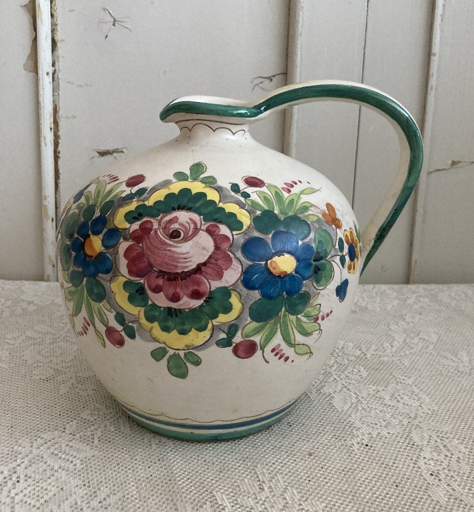 Brocante Vaas - kan met oor / Beschilderd met bloemen, Ophalen
