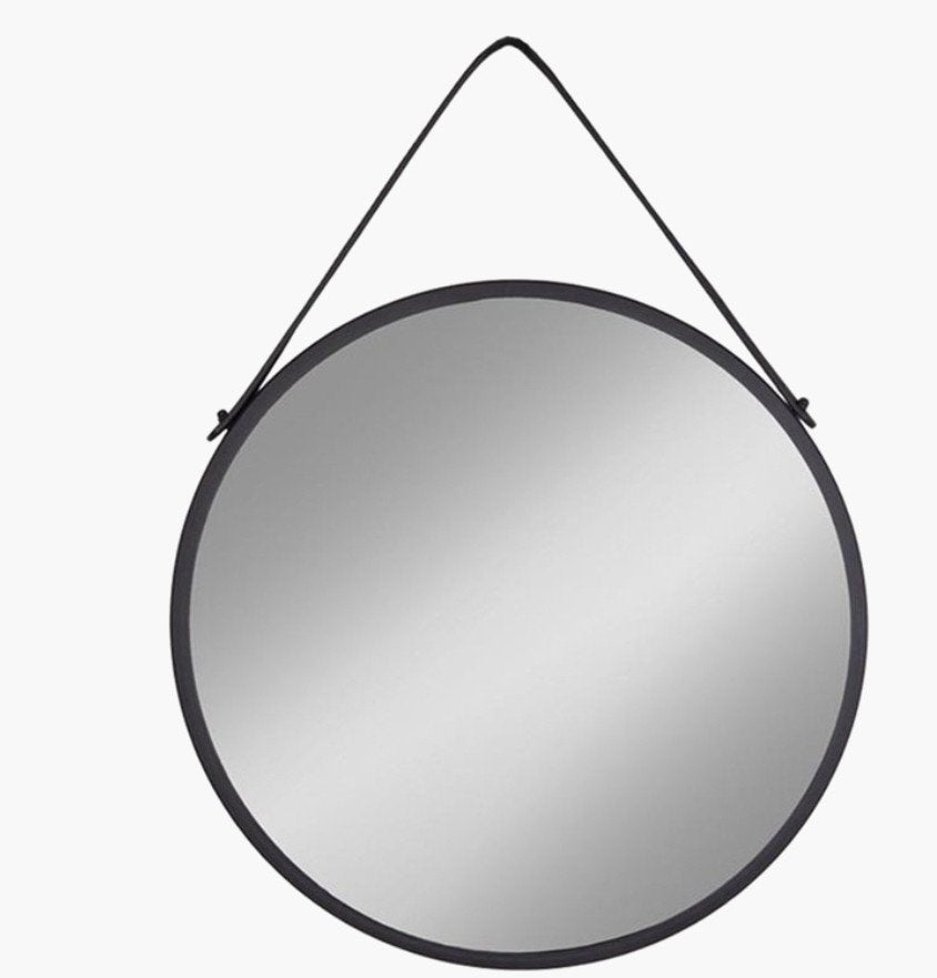 Spiegel hangend zwart leren ophangband, Huis en Inrichting, Woonaccessoires | Spiegels, Ophalen, Rechthoekig, 50 tot 75 cm, Minder dan 100 cm
