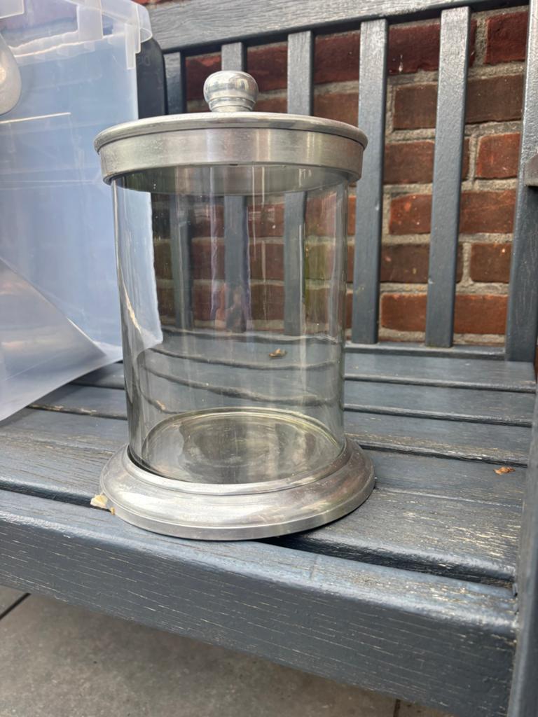 Glazen pot met tinnen deksel en voet - Vintage, Ophalen