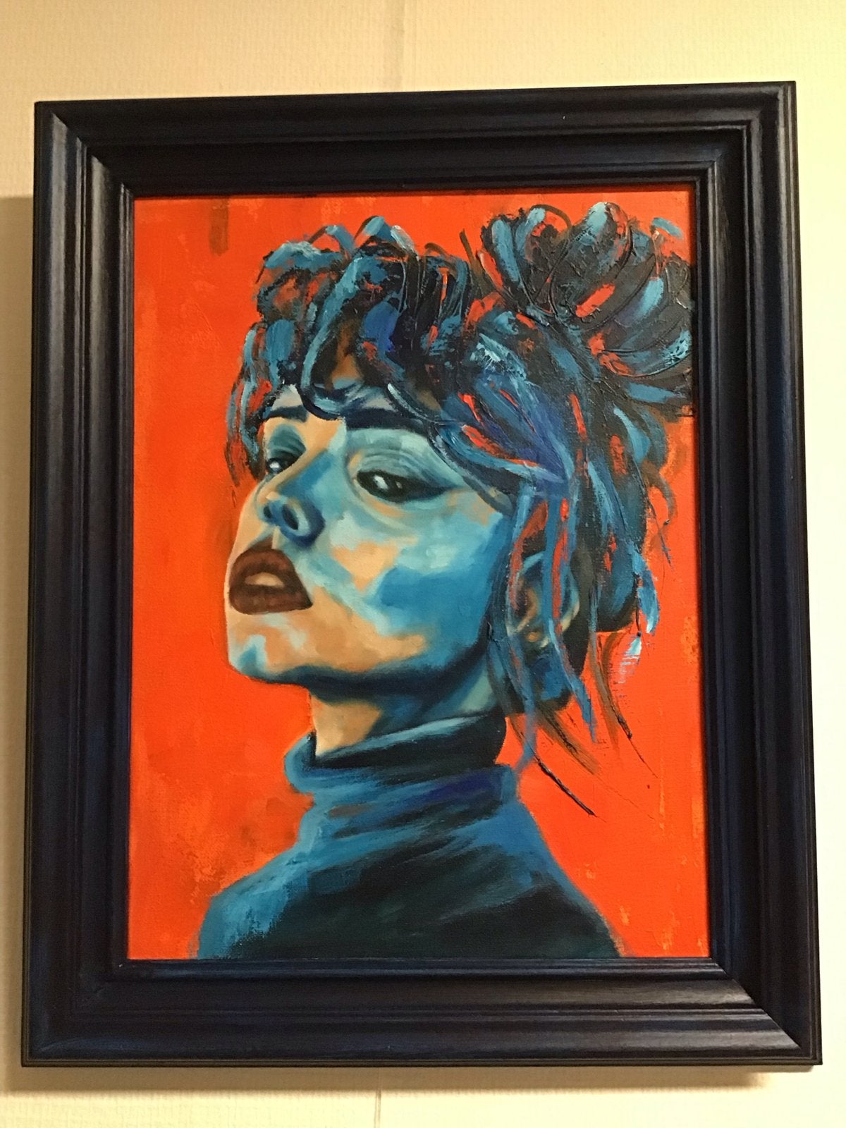 Portret in olieverf in vintage lijst, donkerblauw, 40x50 cm, Antiek en Kunst, Ophalen of Verzenden, Ingelijst, Olieverf, Overige materialen