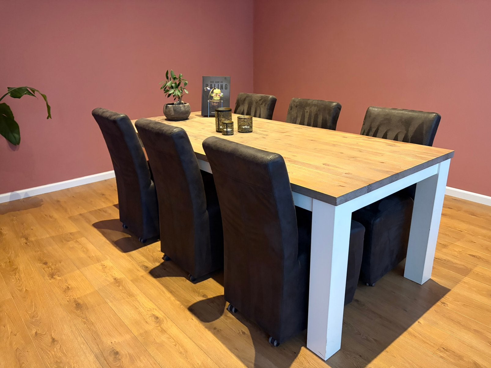 Eettafel 220 x 100 cm inclusief 6 stoelen, Ophalen, Gebruikt, 6 tot 8 stoelen