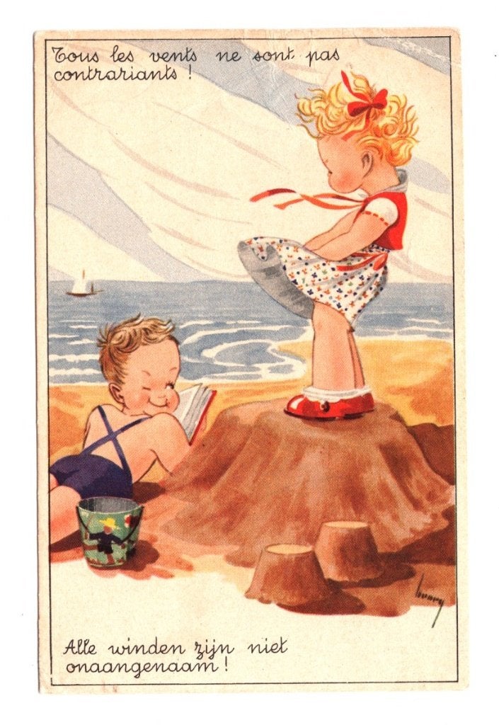 Oude Ansichtkaart Strand Wind Kinderen Humor België, Ophalen of Verzenden, 1920 tot 1940, Gelopen, West-Vlaanderen