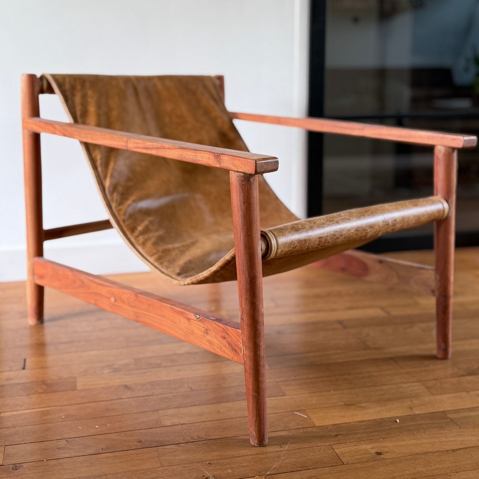 Vintage Safari Sling Chair - Teak Hout & Leer, Ophalen, Gebruikt, Bruin, Leer