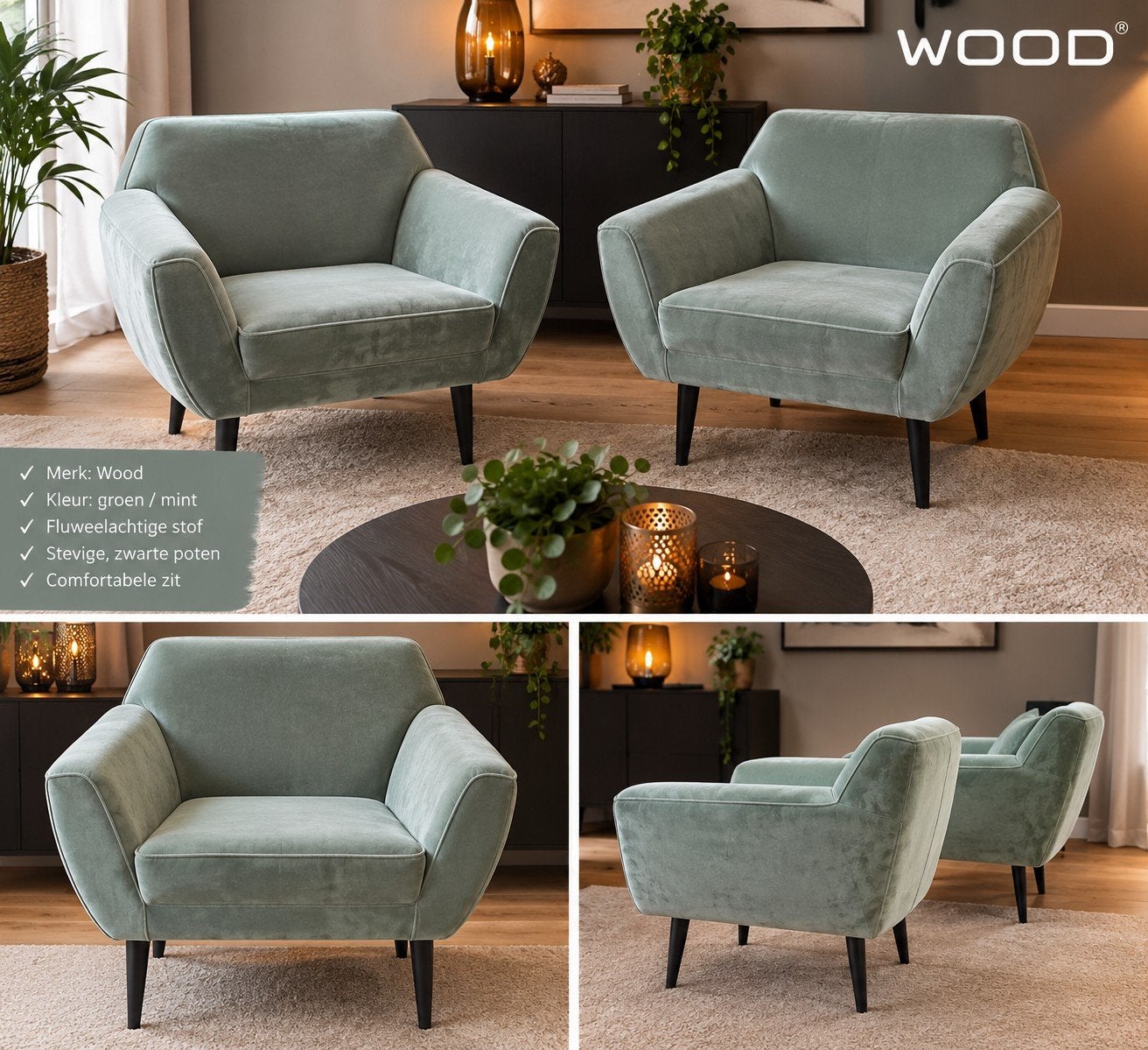 Woood stoelen 2 stuks - Groen/Mint fluweel, Modern, Comfortabel, Twee, Overige kleuren, Ophalen of Verzenden