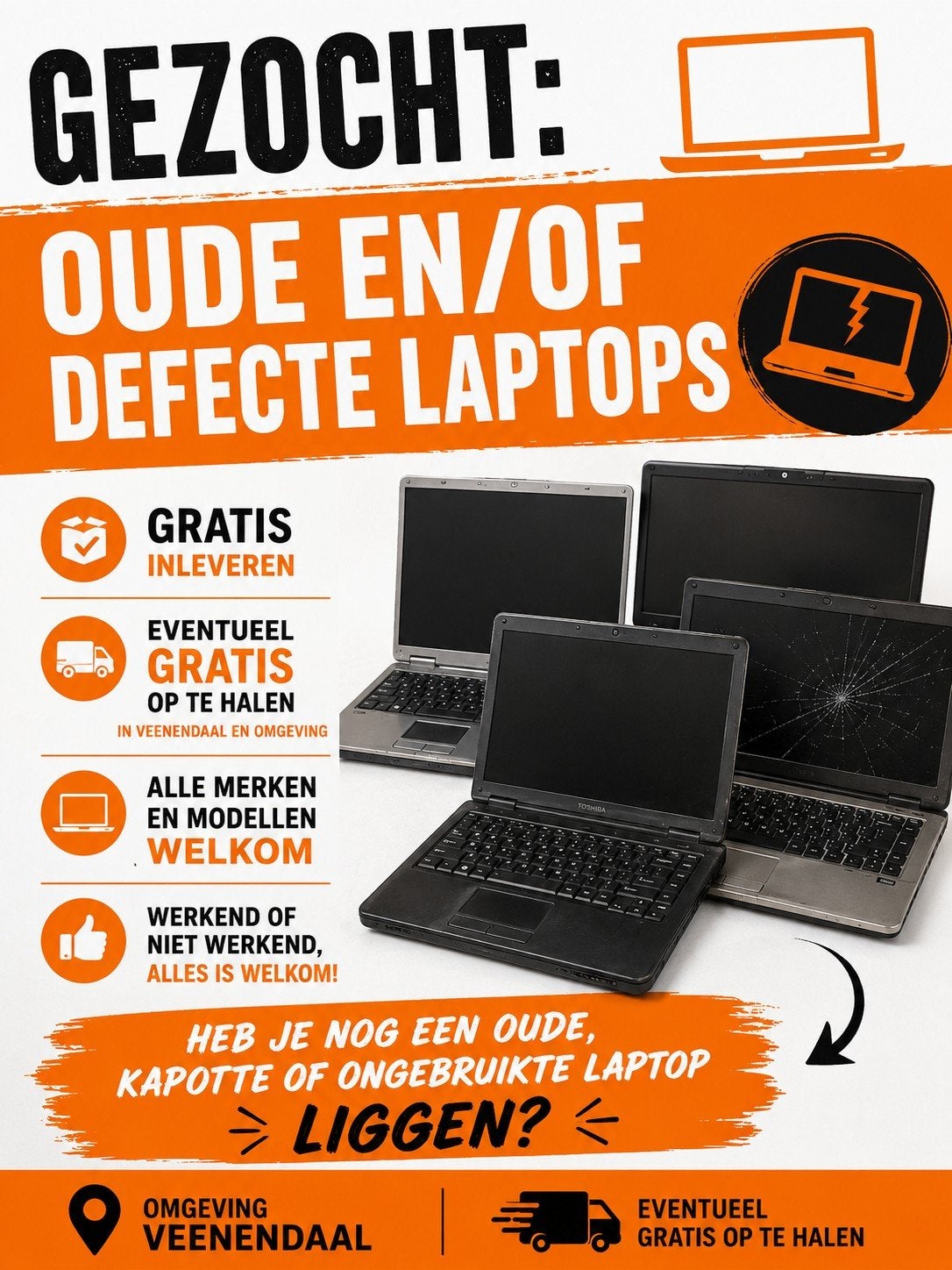 Gezocht: Oude en/of defecte laptops (gratis inleveren), Computers en Software, Windows Laptops, Ophalen of Verzenden, Niet werkend