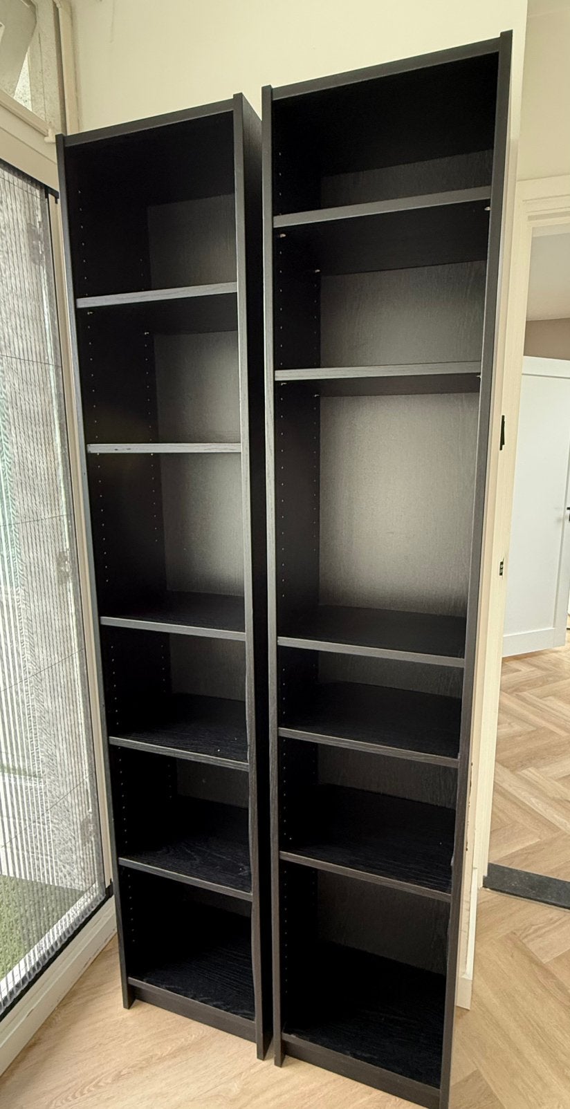 2 Ikea Billy boekenkasten, zwart eikenpatroon, 40x28x202 cm, Ophalen, Minder dan 50 cm, 200 cm of meer, Zo goed als nieuw