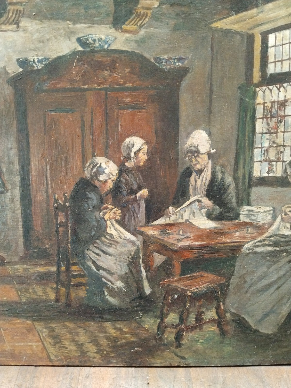 19e eeuwse huiselijke voorstelling, Antiek en Kunst, Kunst | Schilderijen | Klassiek, Ophalen of Verzenden
