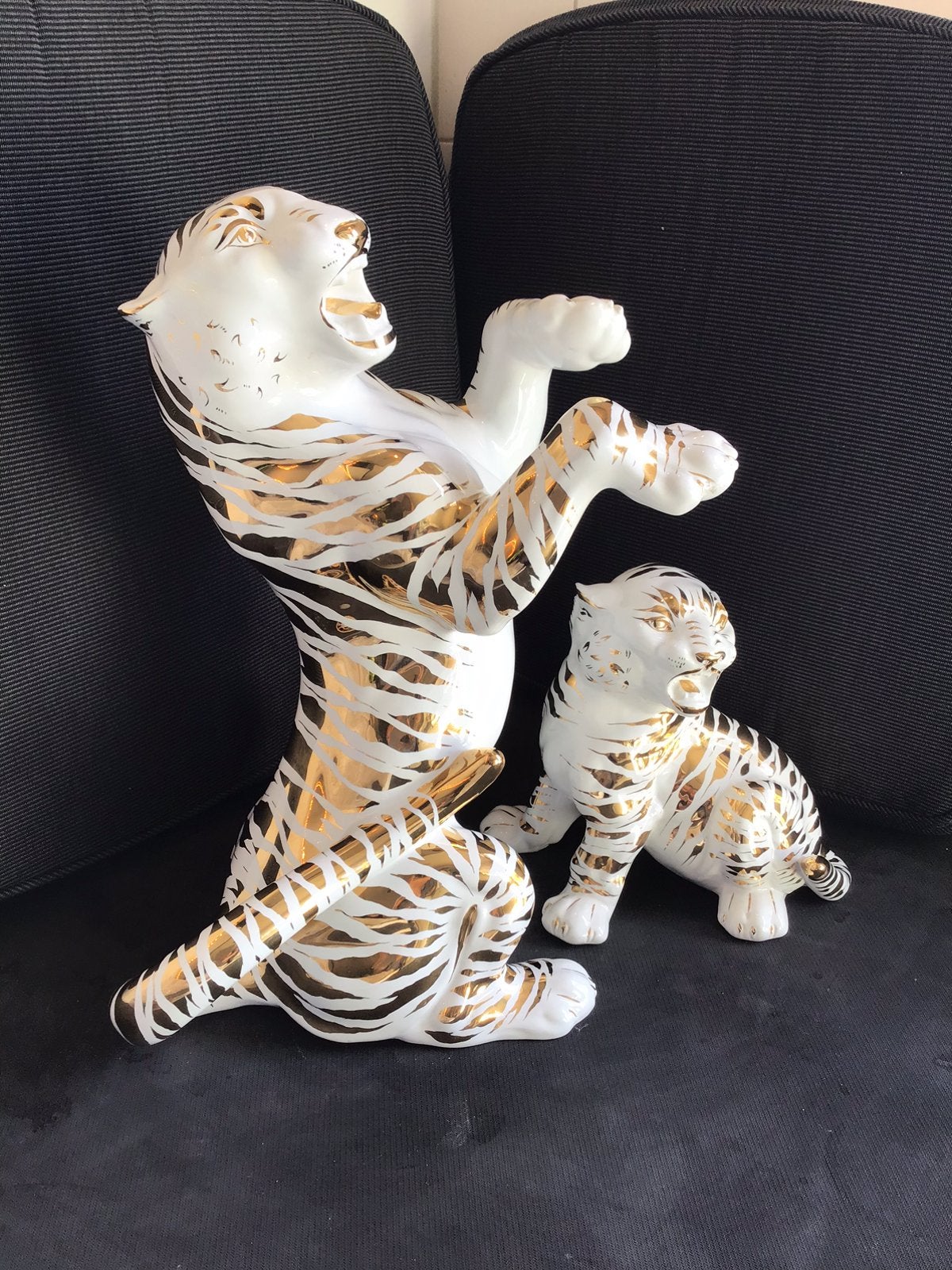 Zeldzaam Vintage Italiaanse Keramische tijger set, bladgoud, Verzamelen, Ophalen, Gebruikt, Dier