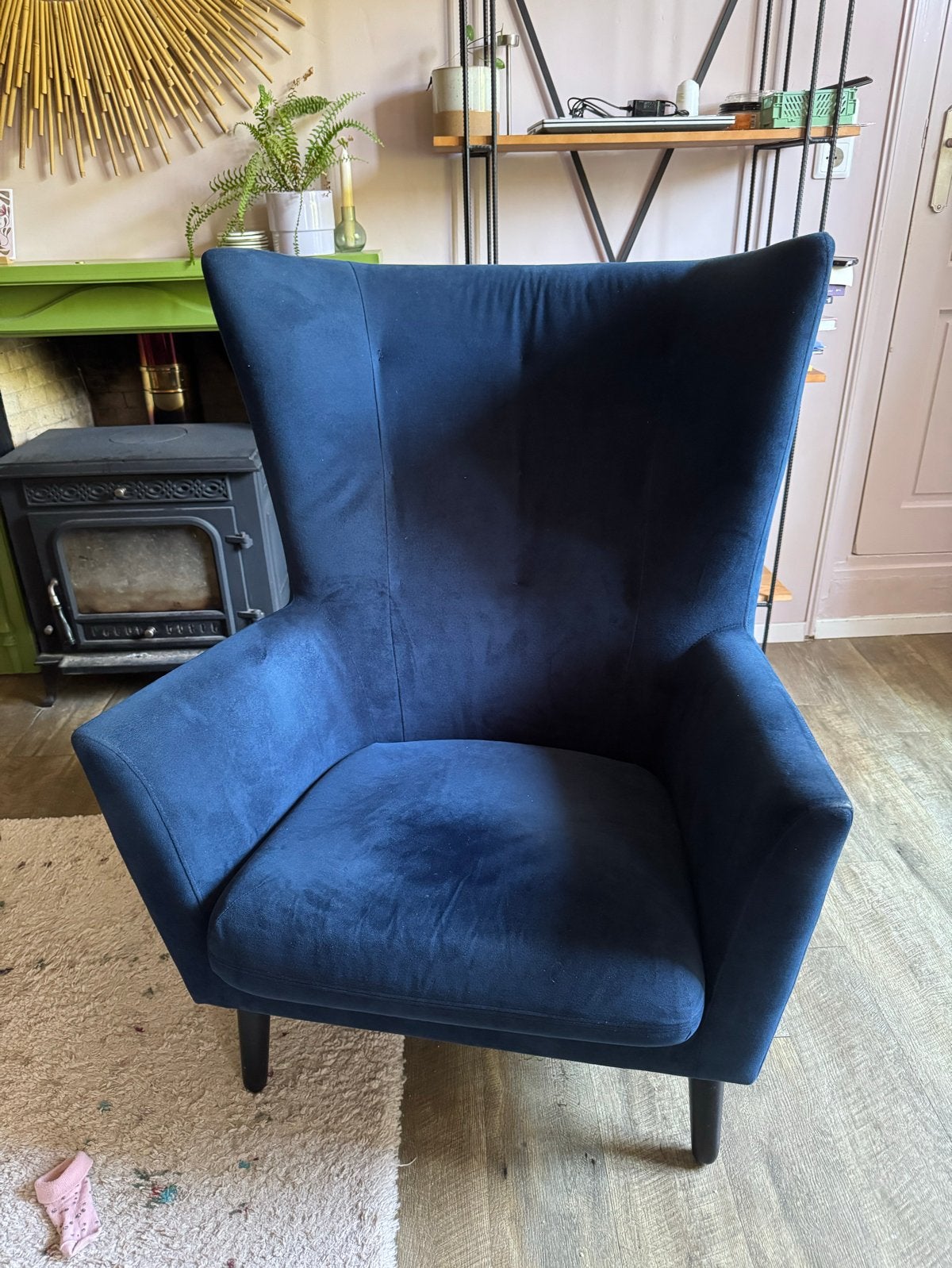 Mooie blauwe fauteuil - 7 jaar oud, lichte slijtage, Ophalen, Gebruikt, Stof, 75 tot 100 cm