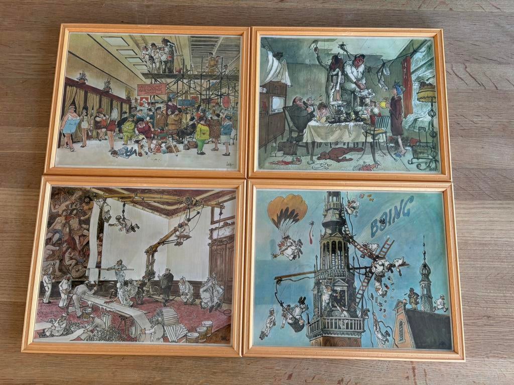 4 vintage humoristische Jan Sanders prenten, Antiek en Kunst, Ophalen of Verzenden