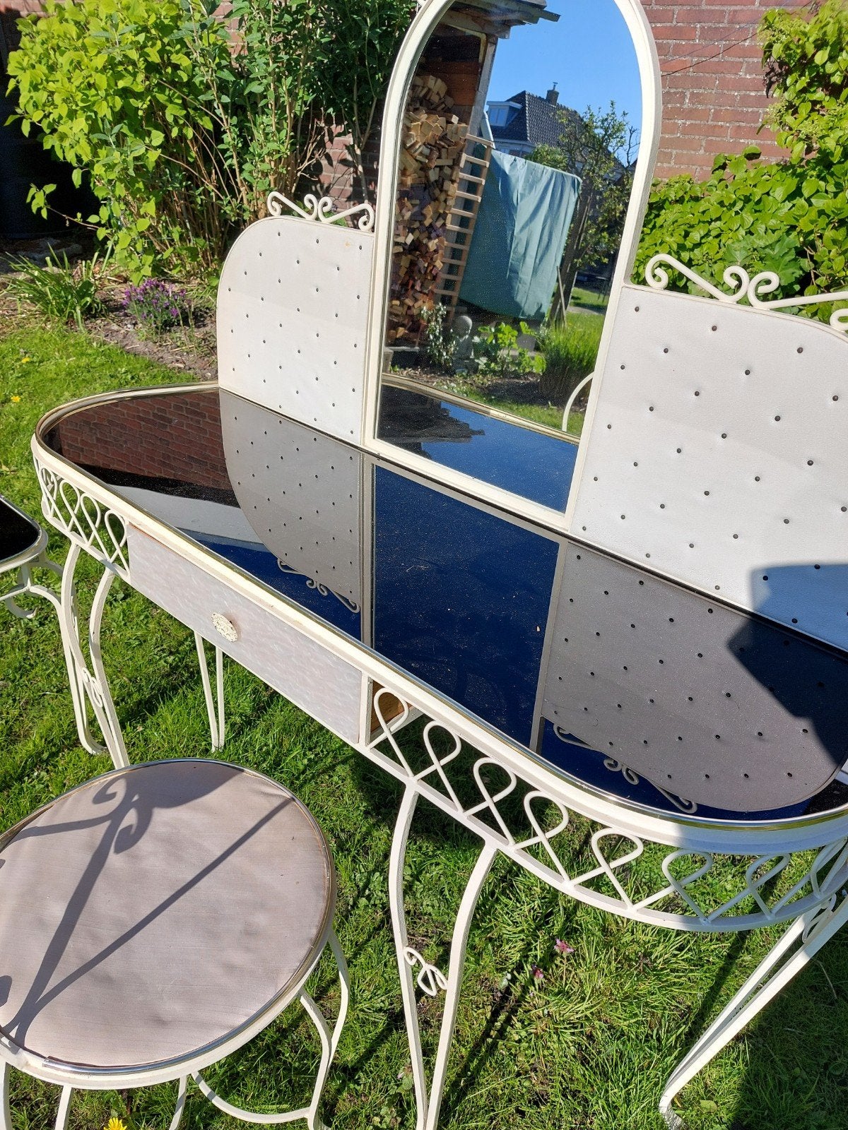 Complete make-up hoek: kaptafel, stoel, bijzettafel,, Ophalen, 100 tot 150 cm, Metaal of Aluminium, Minder dan 100 cm