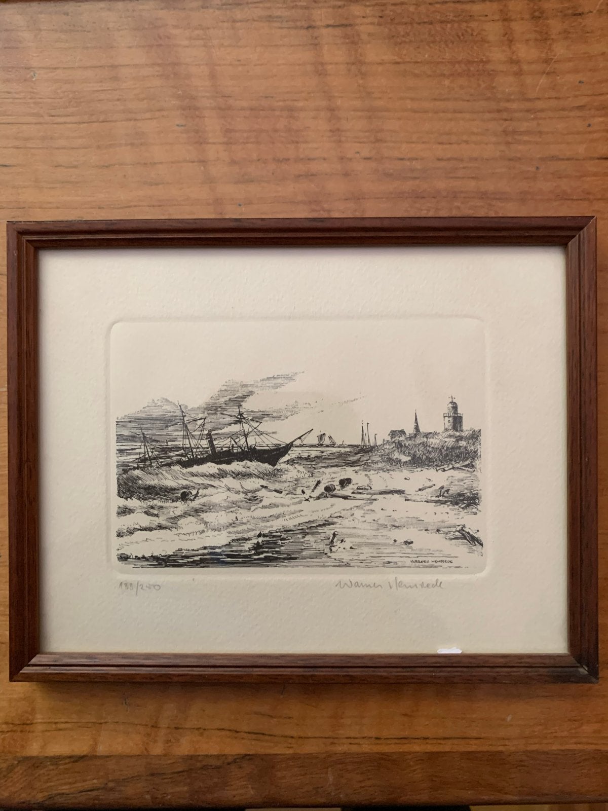 Pen tekenig van W. Hamrle - Scheepswrak aan de kust, Antiek en Kunst, 18 cm, Genummerd, Overige technieken, 23 cm