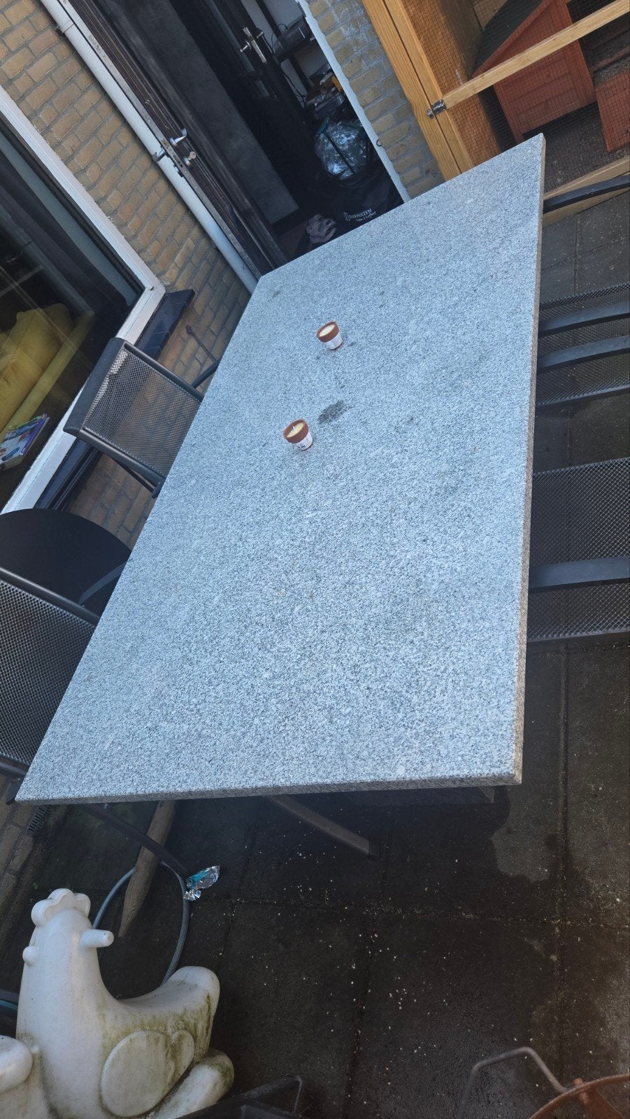 Tuinset met granieten tafel en metalen stoelen, Ophalen, Gebruikt, Rechthoekig, Metaal