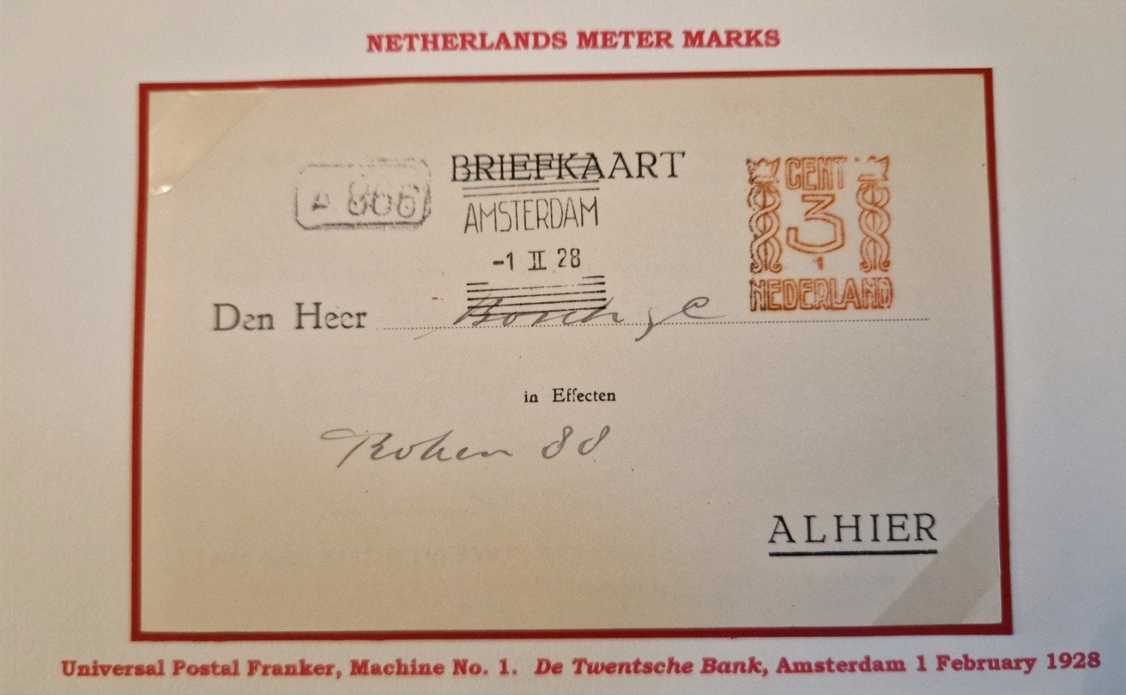Historische Briefkaart 1928 Vroeg Meterstempel Machine No. 1, Ophalen of Verzenden, Briefkaart