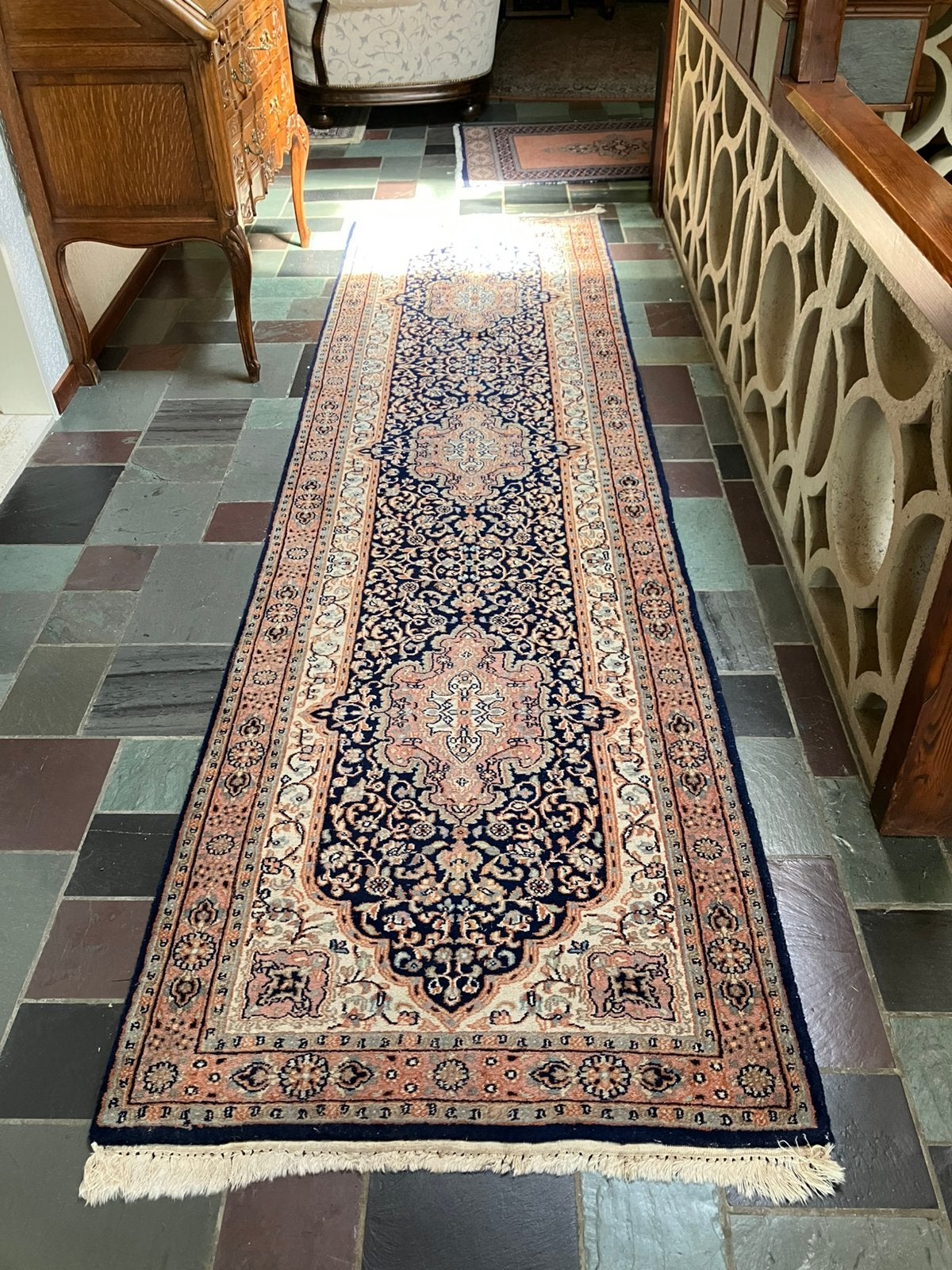 Origineel handgeknoopt Kirman loper tapijt, Ophalen, Gebruikt, 200 cm of meer, 50 tot 100 cm