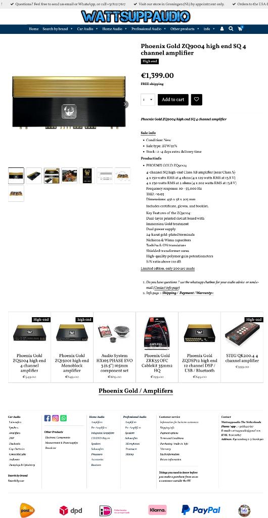 Phoenix Gold ZQ9004 high end SQ versterker, Hifi-Focus, Aalsmeerderweg 173 1432 CL, Aalsmeer, Nieuw, Ophalen of Verzenden