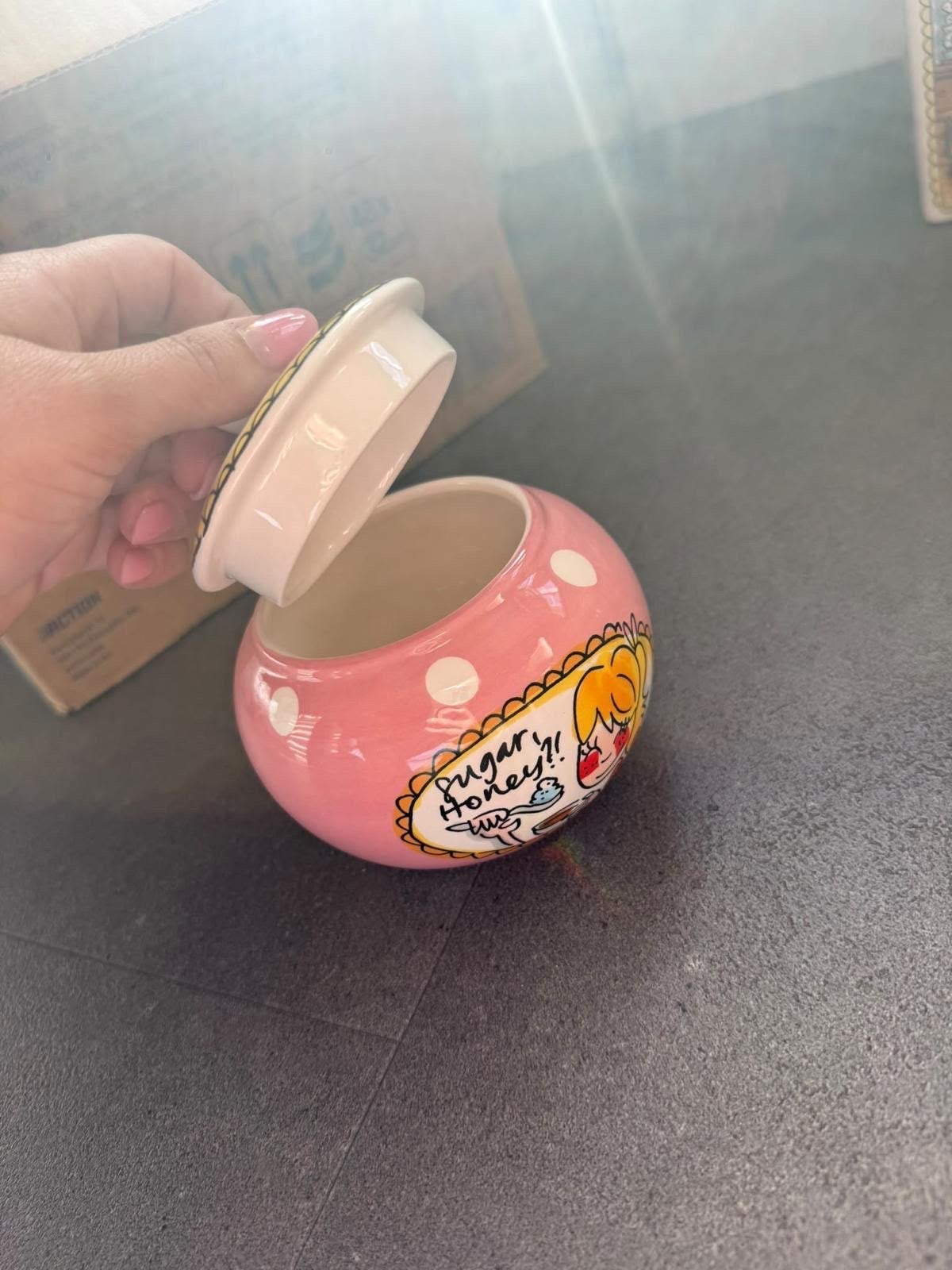 Leuke roze pot met deksel - 'Sugar Honey!!', Ophalen, Rond, Pot of Kruik, Zo goed als nieuw