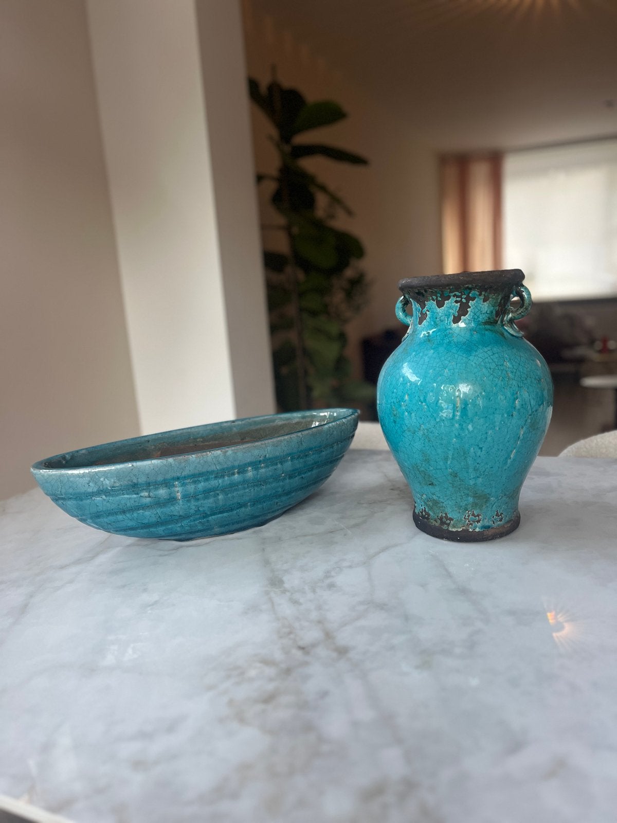 Zware turquoise craquelé keramieken potten/vazen (set van 2), Ophalen of Verzenden