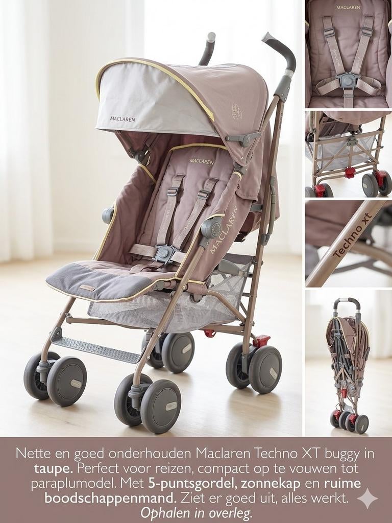 Maclaren Techno XT Buggy – Taupe, Ophalen, Zo goed als nieuw, Maclaren, Zonnekap