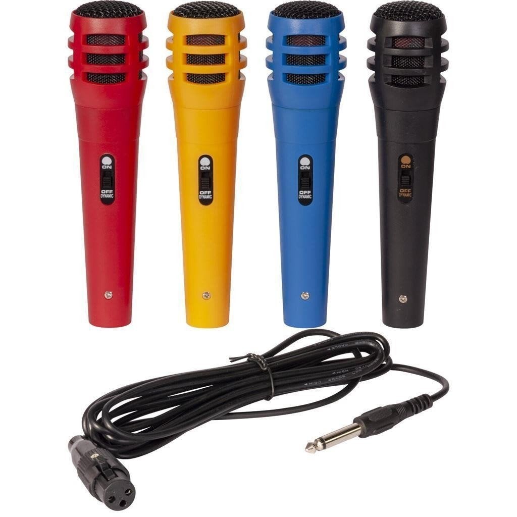 4 Karaoke microfoons rood, blauw, zwart en geel, ., Overige typen, Nieuw, Ophalen of Verzenden