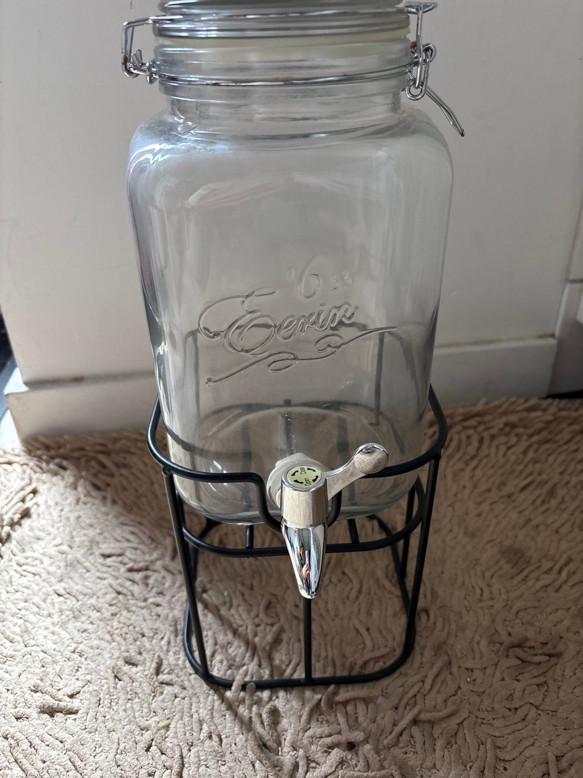 Glazen drankdispenser met tapkraan en standaard, Overige typen, Ophalen, Zo goed als nieuw, Glas