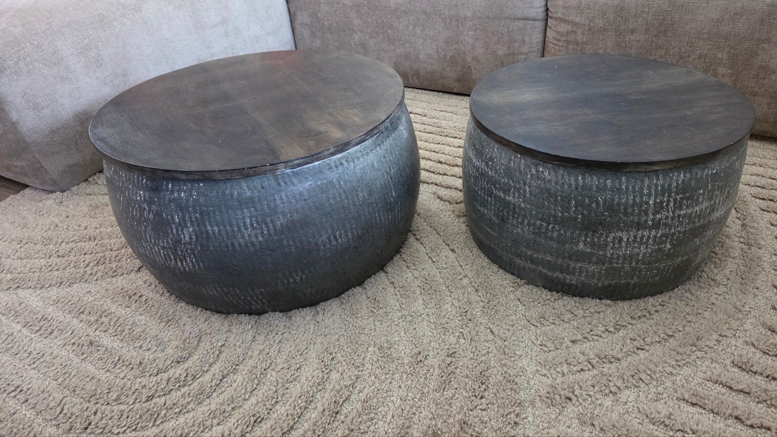 Set salontafels met houten blad, metaal onderstel., Gebruikt, 50 tot 100 cm, Modern, Industrieel, Rond